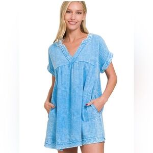 Zenana Women’s Washed Double Gauze Raw Edge V-neck Dress or Tunic Medium